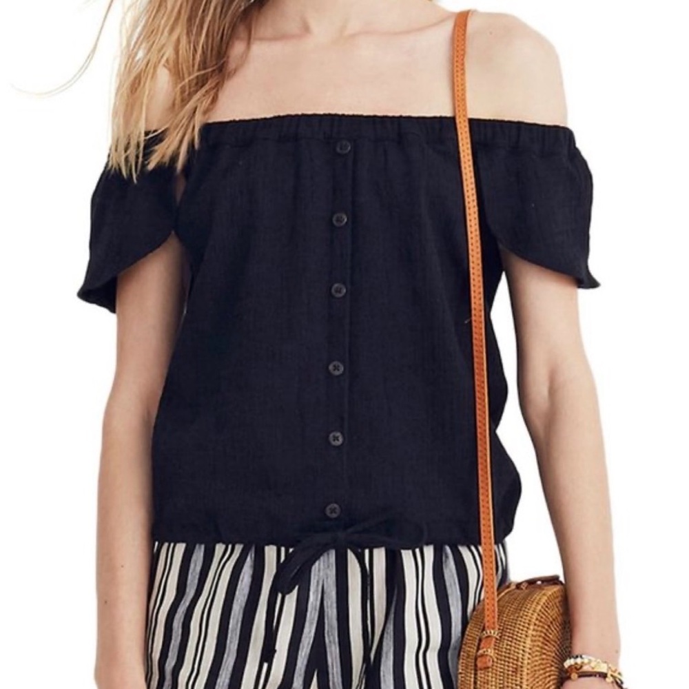 Madewell Black Flutter Sleeve Tie Front Button Top Size XL Cotton
